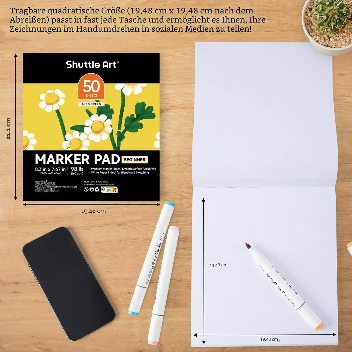SKIZZENBUCH 21 x 19,5 cm 160GSM Alkohol Marker Papier 50 Blatt - Multicolor, Papier (19.7/1/21.1cm)