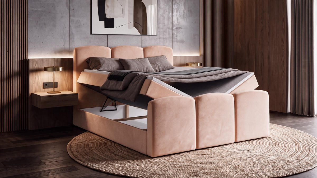 BOXBETT SAVIO 180x200 cm mit Bettkasten, Bonell-Matratze H3 und Topper – Samt Altrosa - Altrosa, Textil (180/200cm) - Luxkor24