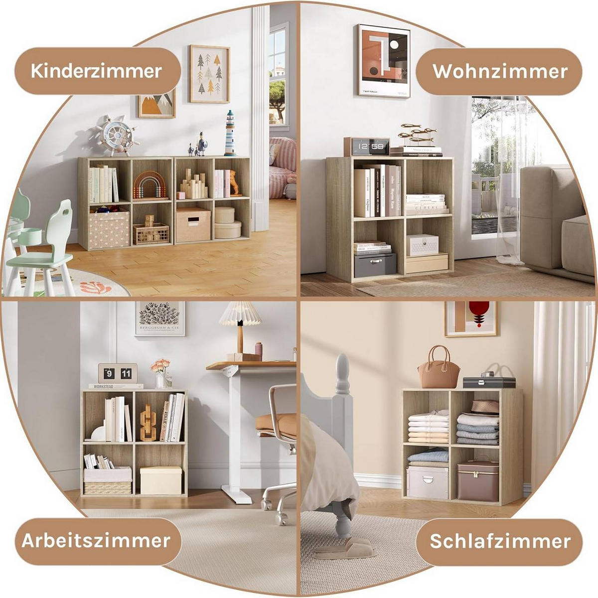 BÜCHERREGAL mit 4 Fächer, Holzwerkstoff, Helle Eiche - Eichefarben, Holzwerkstoff (59.6/59.8/29cm) - Woltu