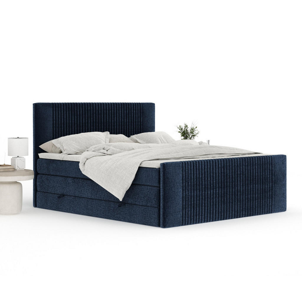 Thumbnail - Maison de Reve Boxspringbett, Dunkelblau, Textil, Buche, Kiefer, H3 + H4, 7-Zonen, Höhe ca. 40 cm, 160x200 cm, Handmade ...