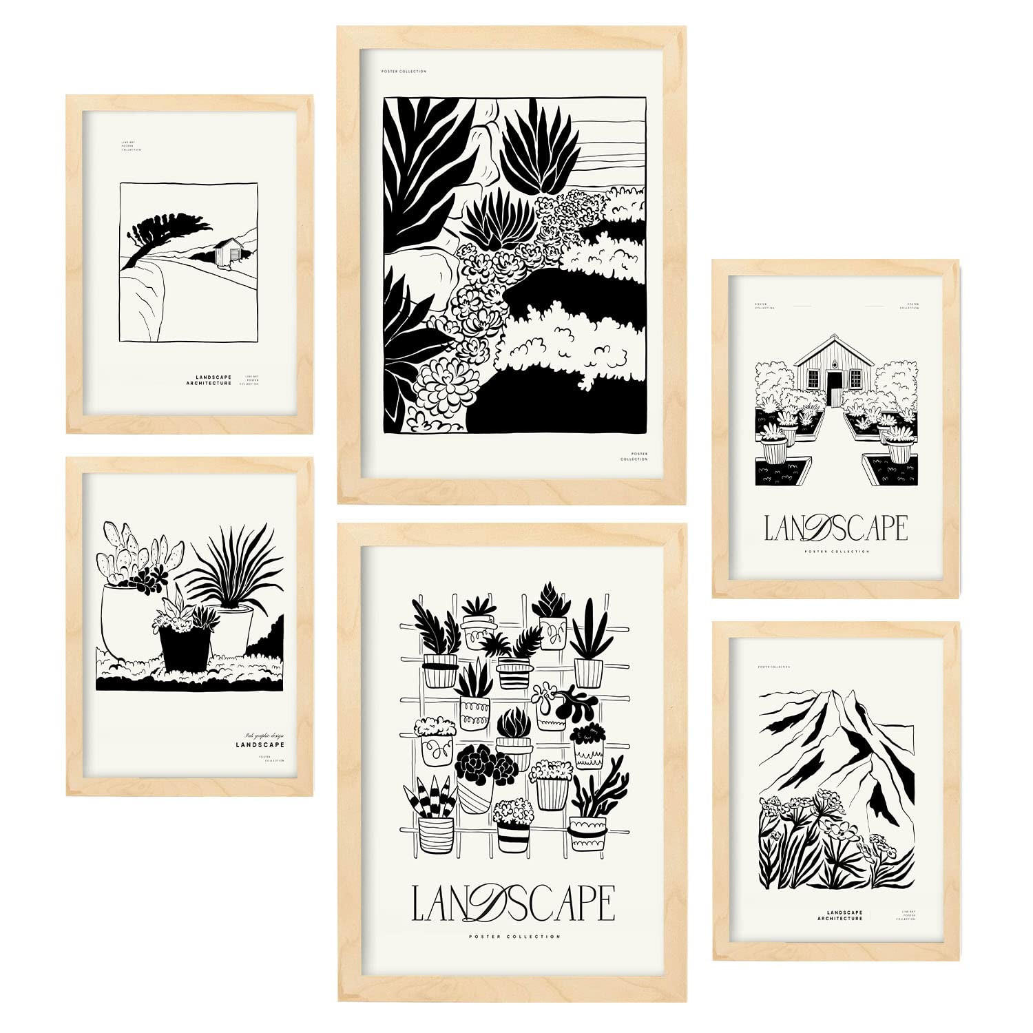POSTER Set Mit 6 In Schwarzer Tinte Saftiger Garten Künstlerische Und Abstrakte Drucke Für Innenarchitektur A3 & A4 Rahmen Aus Hellem Holz - Beige, Papier (29/3cm) - Nacnic