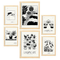 POSTER Set Mit 6 Sukkulentengarten mit schwarzer Tinte Größe A3 & A4 Rahmen aus hellem Holz - Beige, Papier (29.7/1cm) - Nacnic