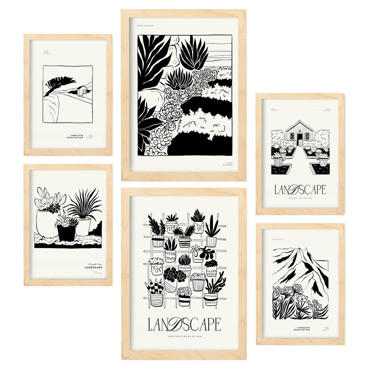 POSTER Set Mit 6 Sukkulentengarten mit schwarzer Tinte Größe A3 & A4 Rahmen aus hellem Holz - Beige, Papier (29.7/1cm) - Nacnic
