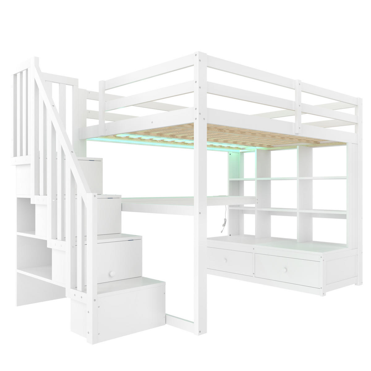 HOCHBETT 140/200 cm weiß aus MDF und Kiefer mit Schreibtisch, Regalen, 2 Schubladen und LED - Weiß, Holzwerkstoff (140/200cm) - OKWISH