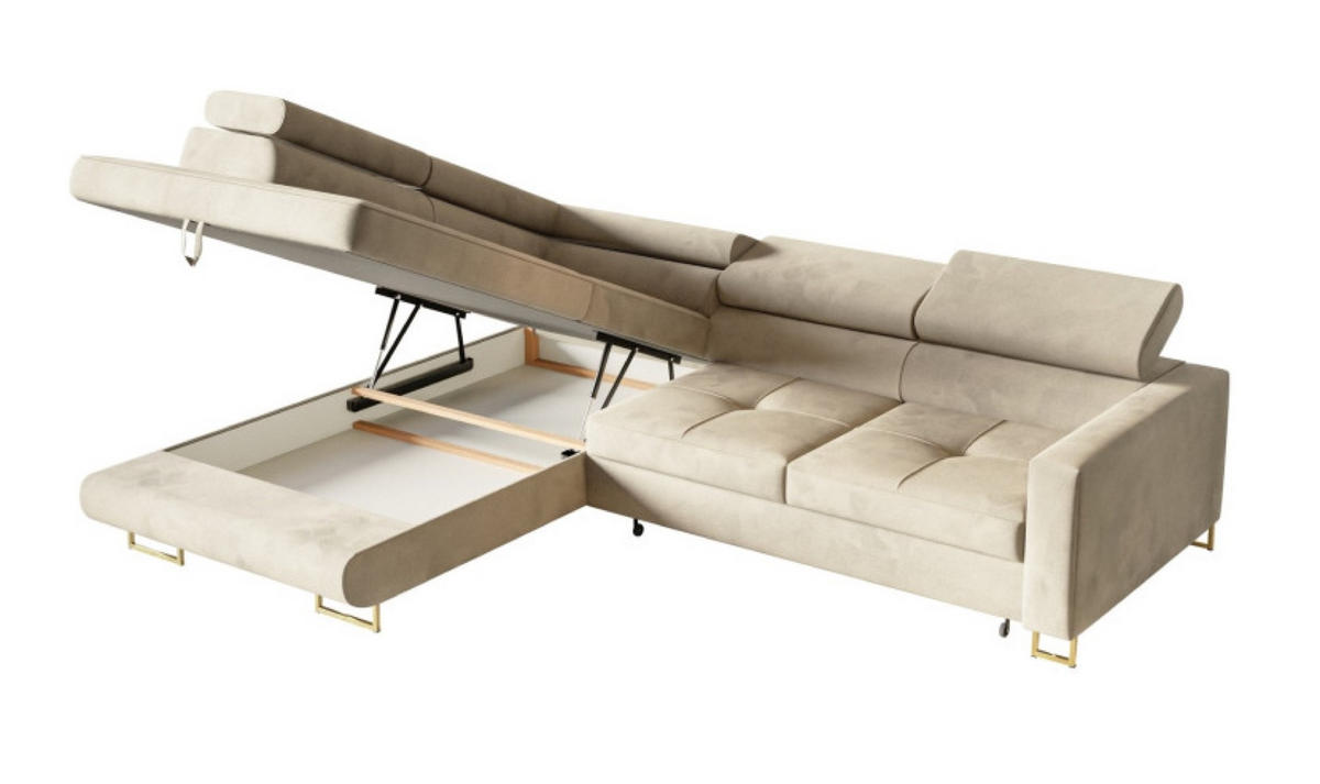 ECKSOFA Gold MERY Mit Verstellbaren Kopfstützen Links - Ecru/Goldfarben, Textil (250/200cm) - Sepro Meble