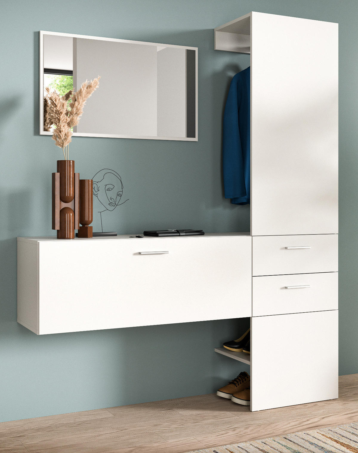 GARDEROBE Set 3-teilig weiß 156 cm, Komplettset mit Spiegel - Silberfarben/Weiß, Glas/Holzwerkstoff (52/190/36cm) - Inn.Furn