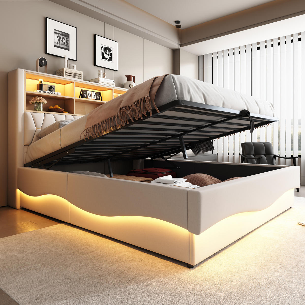 POLSTERBETT 180/200 cm mit hydraulischem Stauraum und LED-Beleuchtung - Beige, Metall (180/200cm) - OKWISH