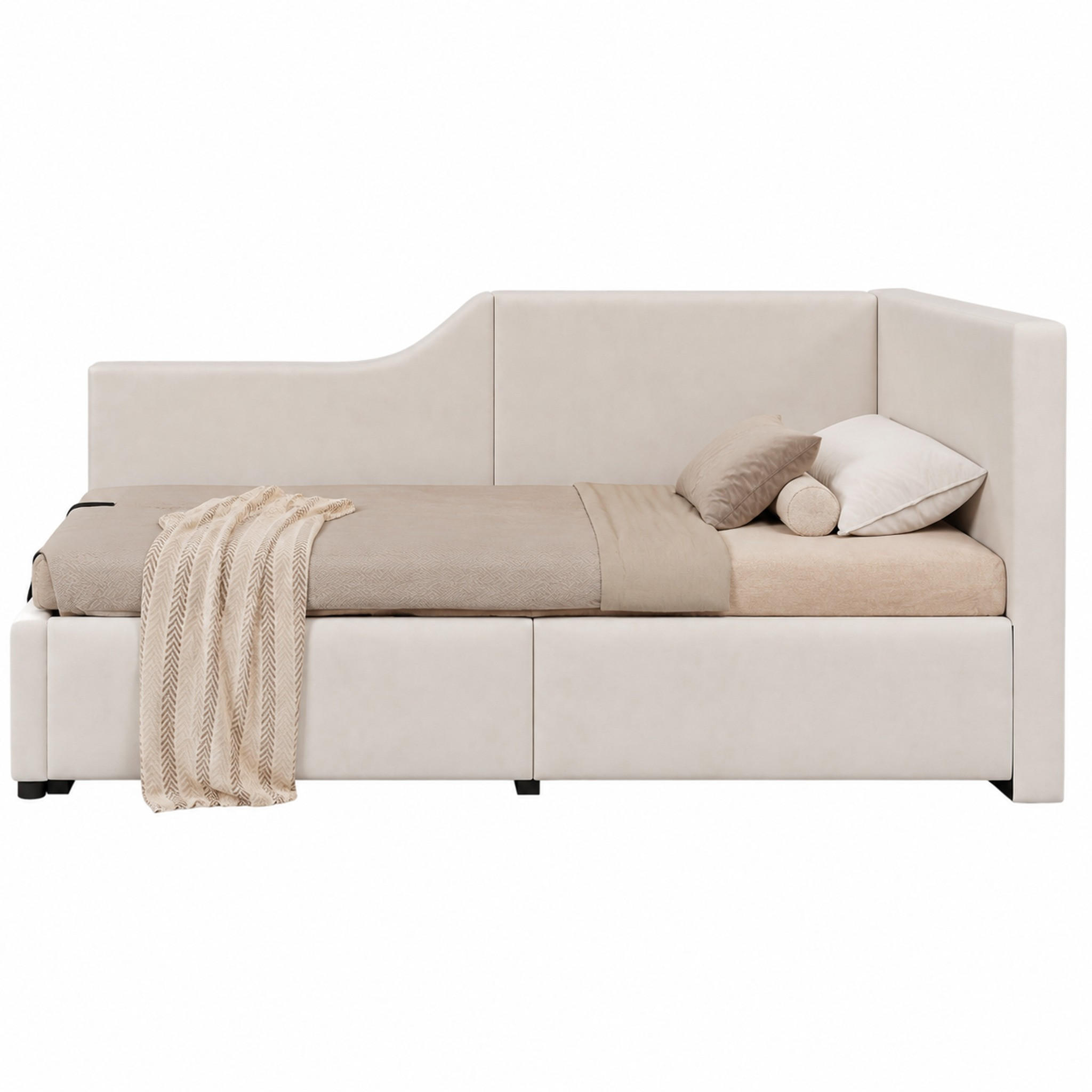 TAGESBETT mit Stauraum 90x190 cm Samt Beige mit USB-C und Leselampe - Beige, Holz (90/200cm) - Meubliv