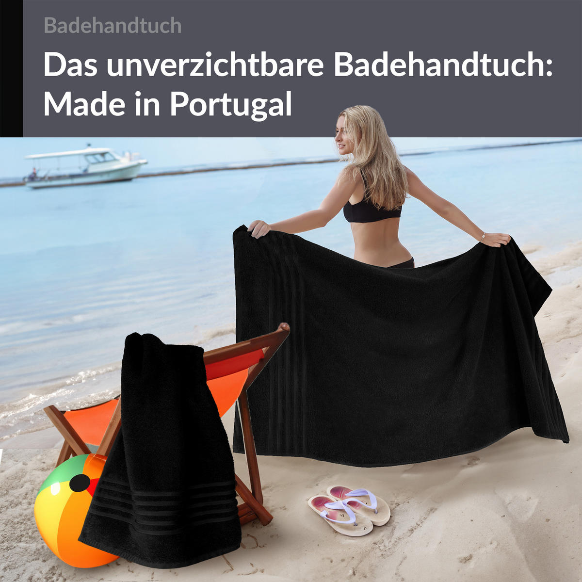 BADETUCH London Schwarz 2er Set 100x150 - Schwarz, Textil (100/150cm) - Lashuma
