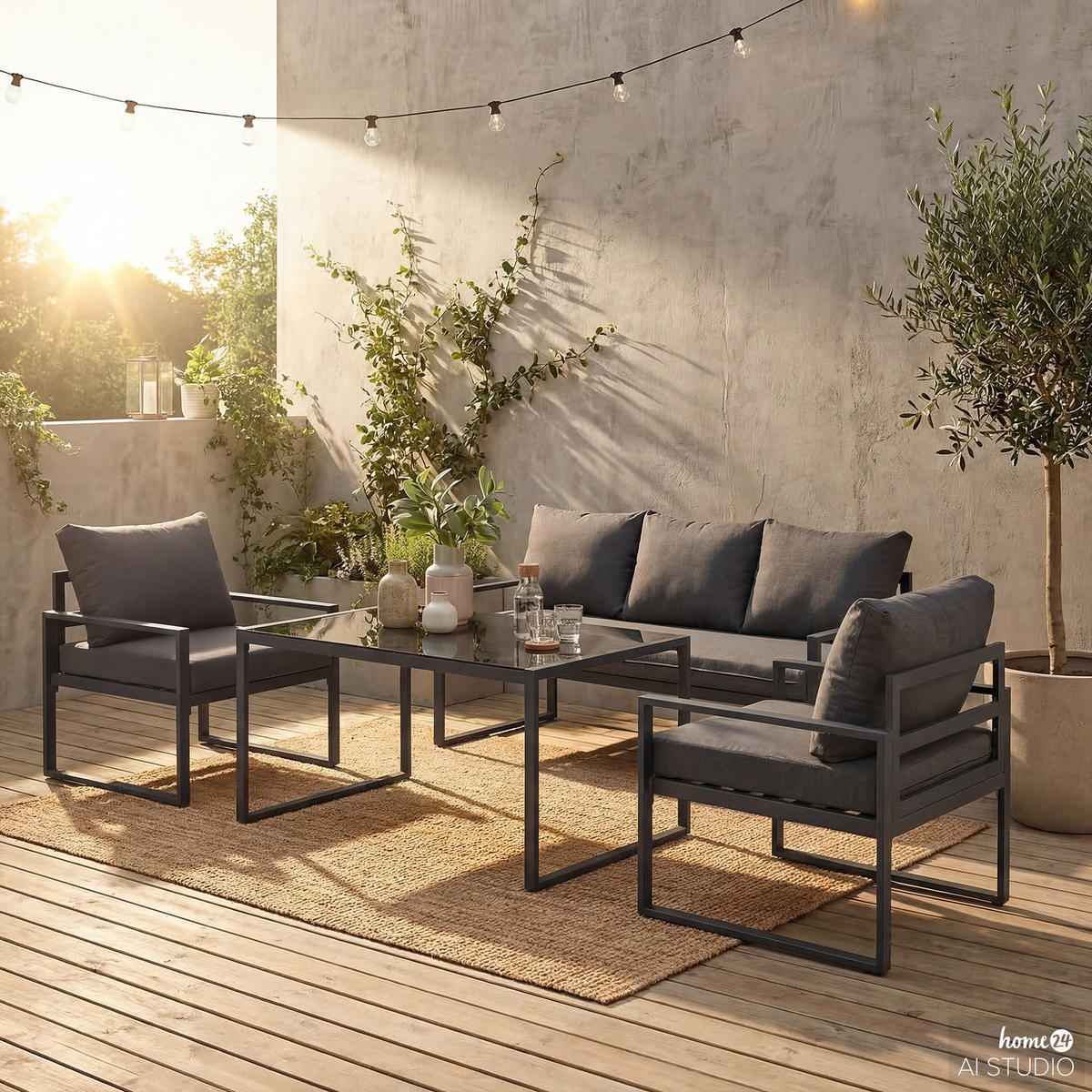 GARTENSITZGRUPPE - 4-teilig - Stahl / Polyester - Schwarz / Grau - Schwarz/Grau, Glas/Textil - home24