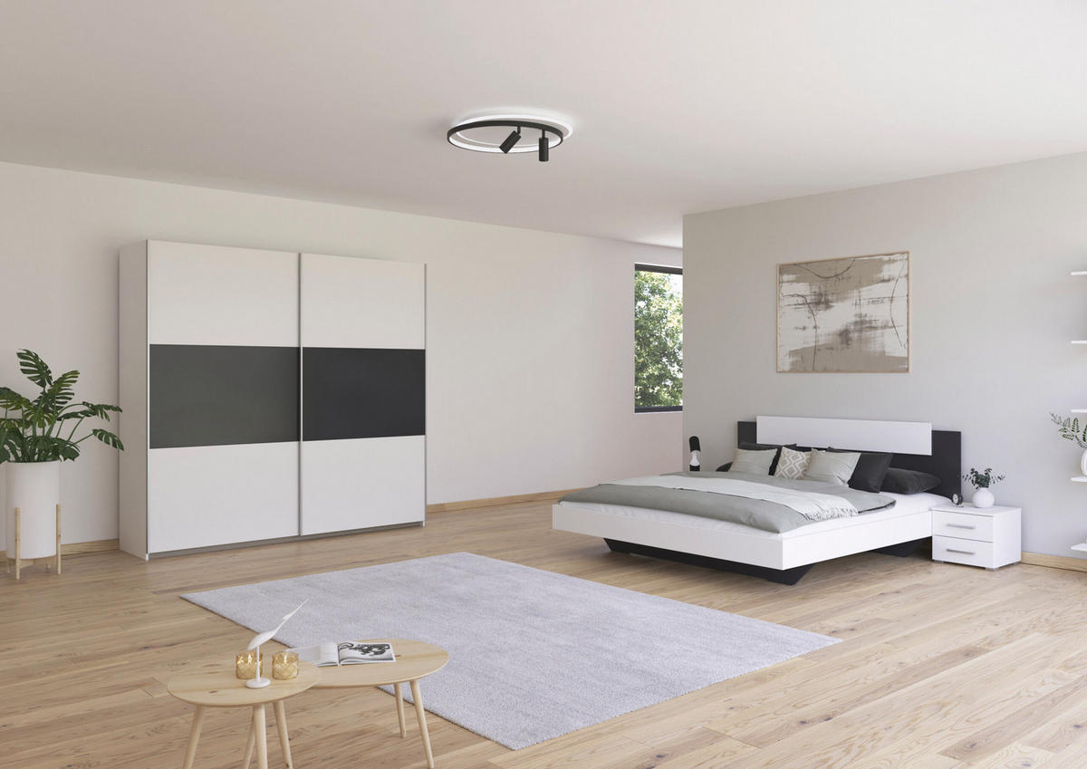 SCHLAFZIMMER Borba in Weiß und Grau 4 teilig – mit Bettanlage 180x200cm, zwei Nachttisch und Schwebetürenschrank 218cm Breite - Weiß, Holzwerkstoff (80/200/120cm)