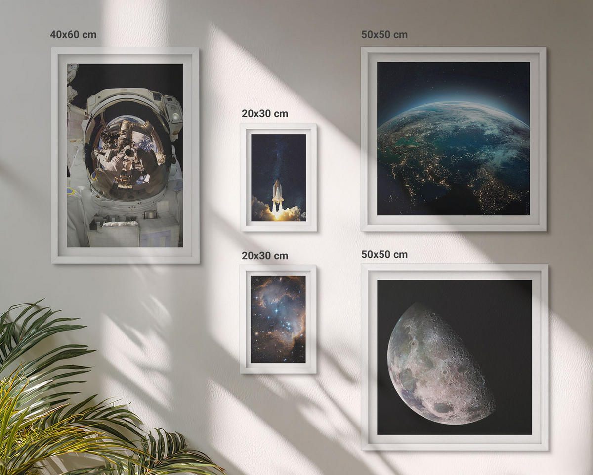 BILDER SET 5er Set - 50x50 cm & 20x30 cm & 40x60 cm Weißer Rahmen - Weltraum Erde Rakete Galaxie - Weiß, Kunststoff (40/60cm) - TULUP