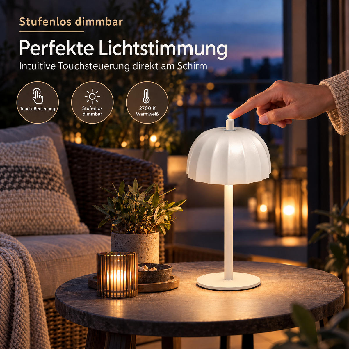 LED-TISCHLEUCHTE Umbrella schwarz 21cm Metall 2er-Set weiß - Weiß, Metall (10/10/21cm) - Northpoint