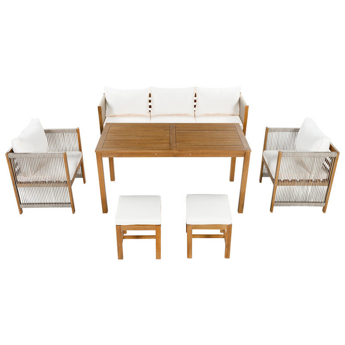 GARTEN-ESSGRUPPE BEIGE 6-teilig mit 3er-Sofa Akazien-Tisch inkl. Kissen - Beige, Textil - BLACKCUP