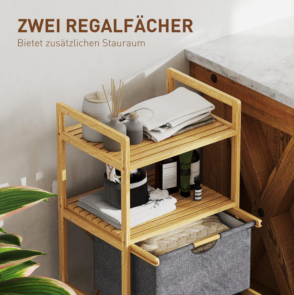 BADEZIMMERREGAL 44x34x96 cm Natur mit 2 Stoffkörben & zweistufigem Design - Naturfarben, Naturmaterialen (44/96/34cm) - Modfu