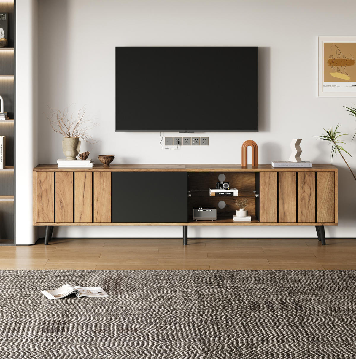 TV-LOWBOARD mit 3 Türen 175 x 31,5 x 45 cm Holzoptik Schwarz - Braun, Holzwerkstoff (31.5/45/175cm) - Beauniv