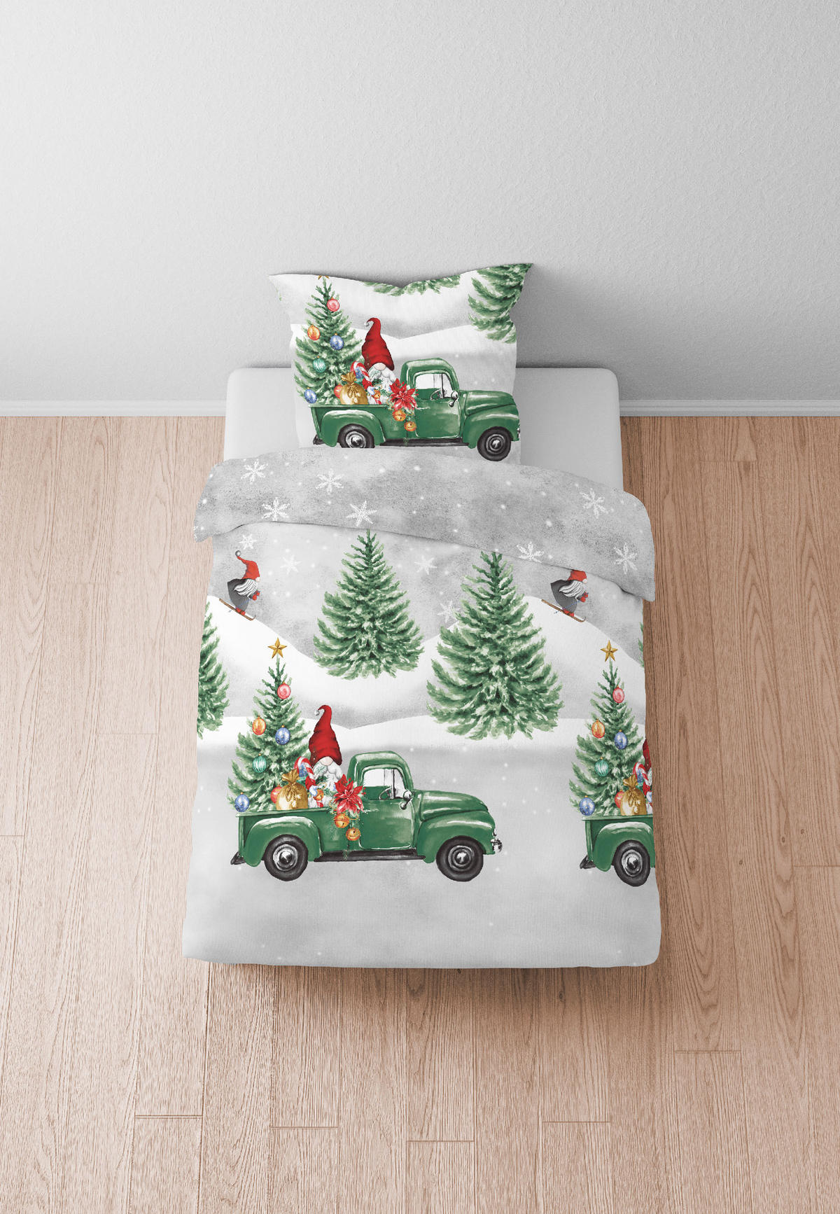 BETTWÄSCHE-GARNITUR Biber Wichtel & Weihnachtsbaum sturmgrau, 135x200 cm + 80x80 cm - Grau, Textil (135/200cm) - biberna