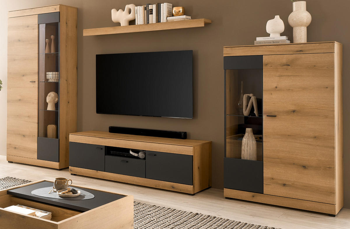 WOHNWAND Eiche, grau 350 cm 4-teilig, Wohnzimmer Set mit Soft-Close - Kaschmir/Eichefarben, Glas/Holzwerkstoff (350/201/45cm) - Furn.Design