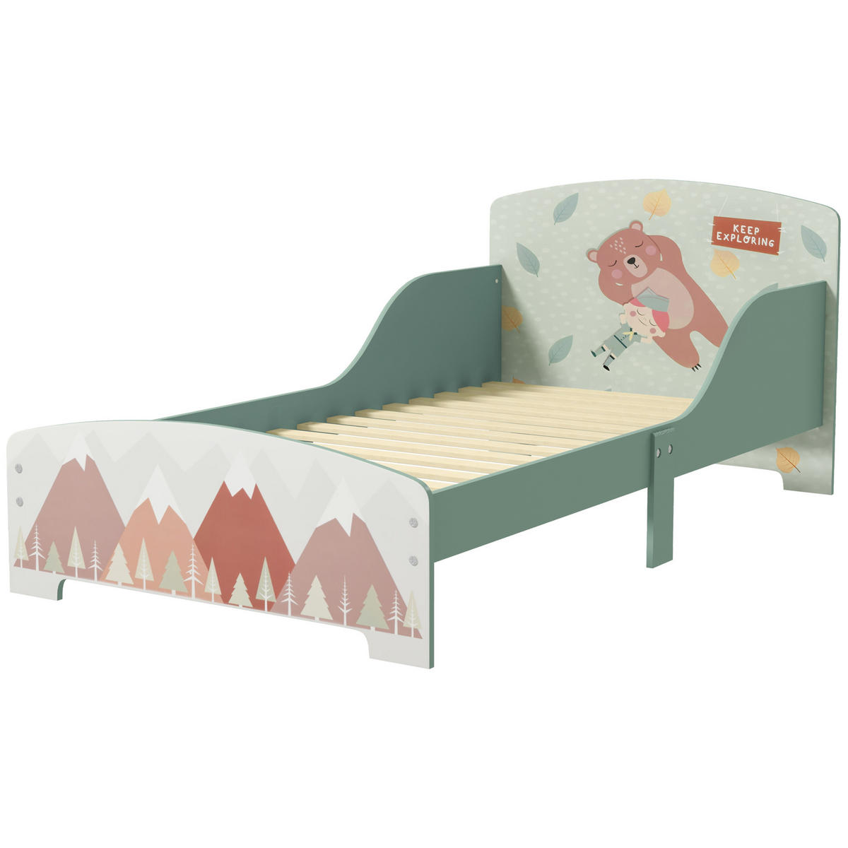 KINDERBETT 140x70 cm DE-14636 mit Sicherheitsbarrieren, Tiermotiv Grün - Grün, Holzwerkstoff (70/140cm) - ComfortXL