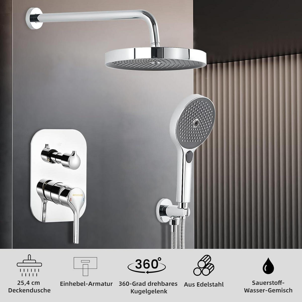 DUSCHARMATUR Set Unterputz 25 cm Regendusche mit Handbrause Chrom - Silberfarben, Metall (38/18/48cm)