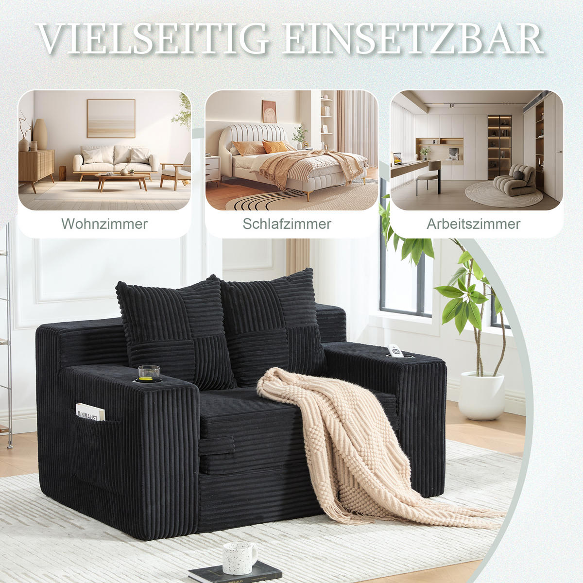 1,5-SITZER ausklappbar, Getränkehalter/Seitentasche, Cord, Schwarz - Schwarz, Textil (133/64/87cm) - LVHOM