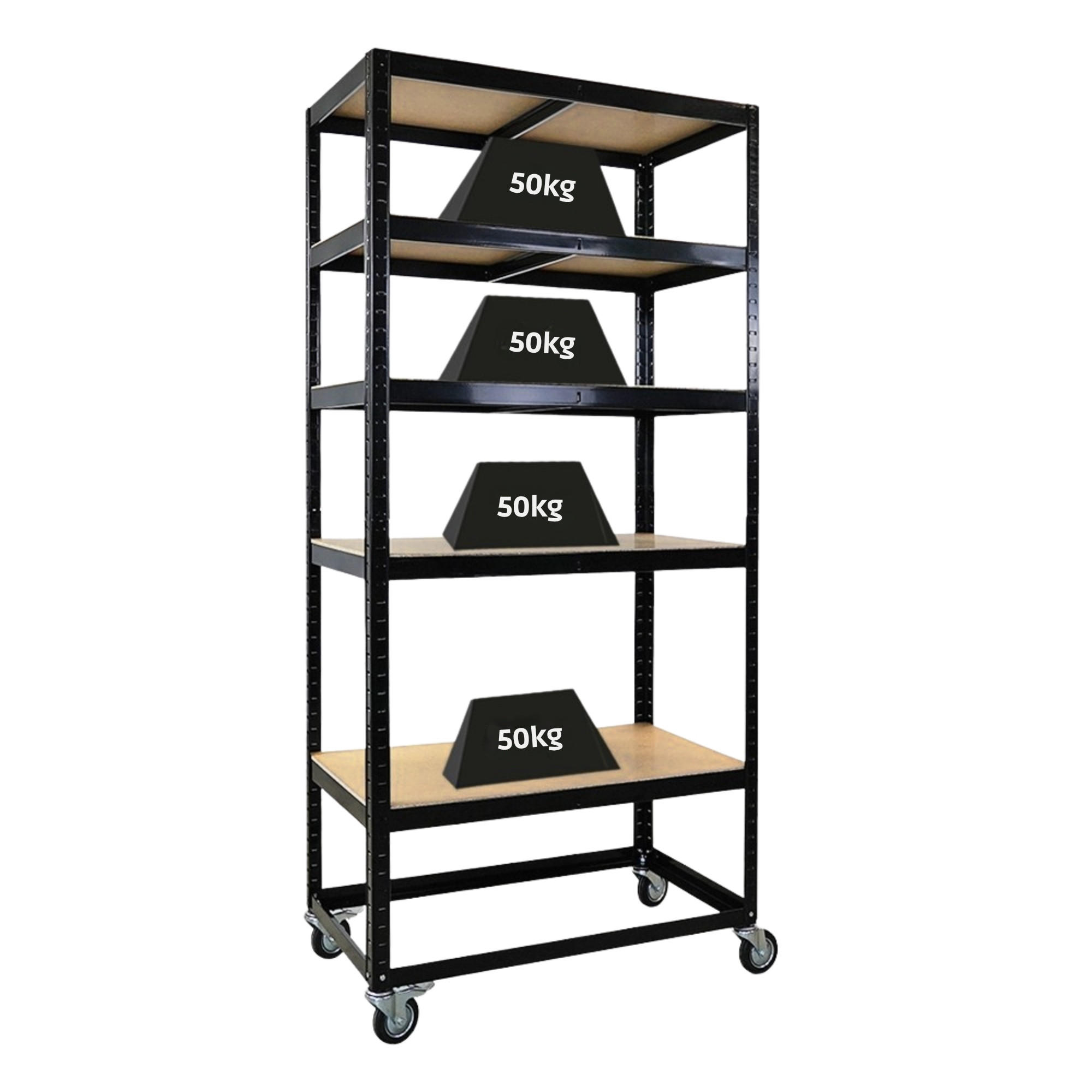 KOMMISSIONIERWAGEN BÜFFEL, 190x90x50cm, 5 Ebenen, Fachlast 50kg, 2X Lenkrollen & 2X Lenkrollen mit Feststellbremse, Schwarz - Schwarz, Metall (90/190/50cm) - PROREGAL