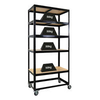 KOMMISSIONIERWAGEN BÜFFEL, 190x90x50cm, 5 Ebenen, Fachlast 50kg, 2X Lenkrollen & 2X Lenkrollen mit Feststellbremse, Schwarz - Schwarz, Metall (90/190/50cm) - PROREGAL