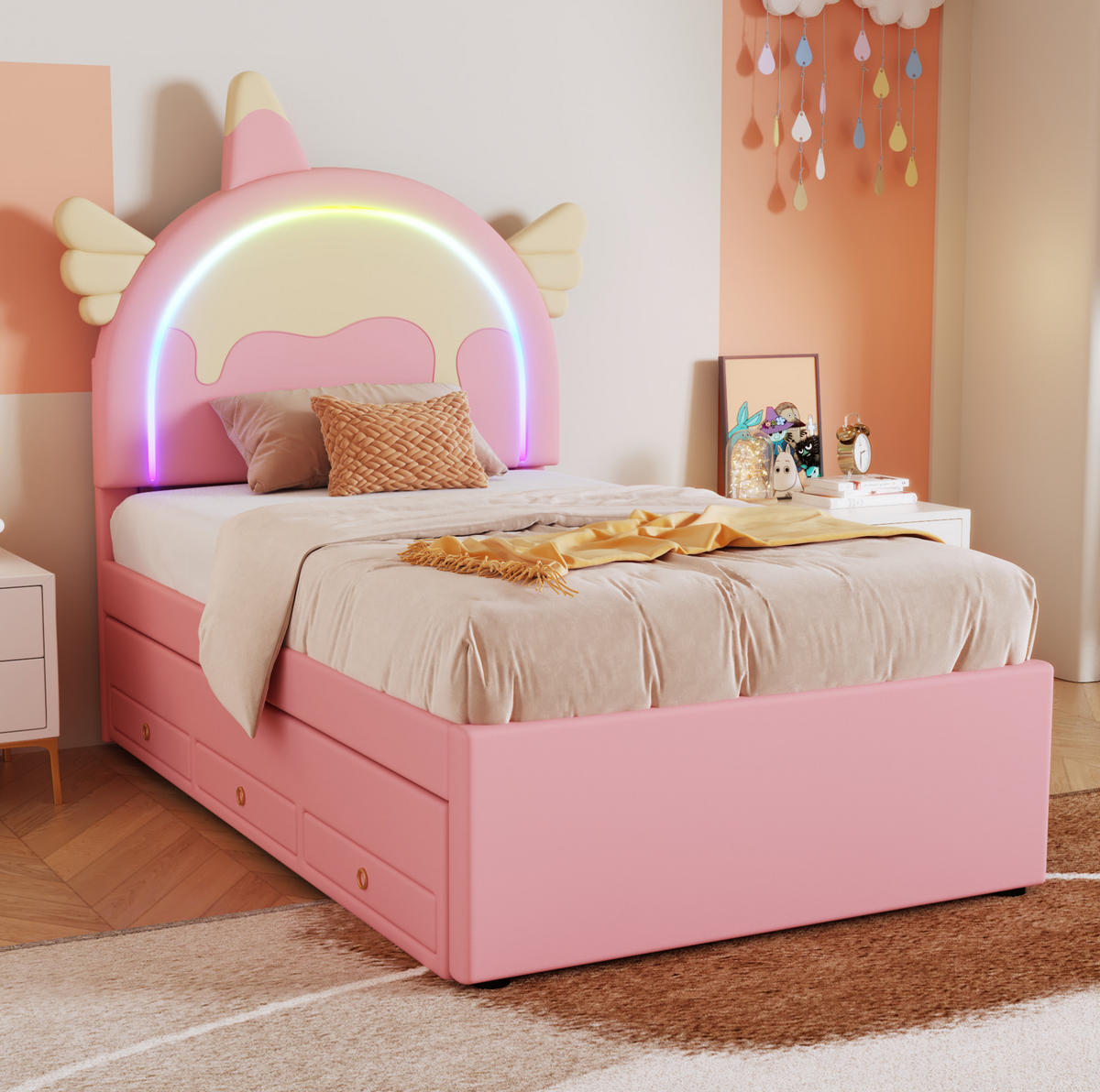 KINDERBETT aus PU 90x200 cm Rosa mit ausziehbarem Rollbett und Schubladen, Einhorn-Design - Rosa, Kunststoff (90/200cm) - Modfu