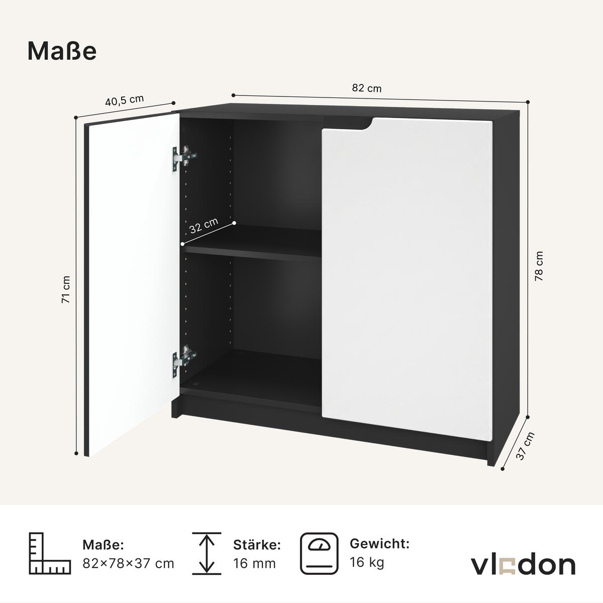 KOMMODE Logan Fronten in Hellgrau Seidenmatt - Greige, Holzwerkstoff (82/78/37cm) - Vladon