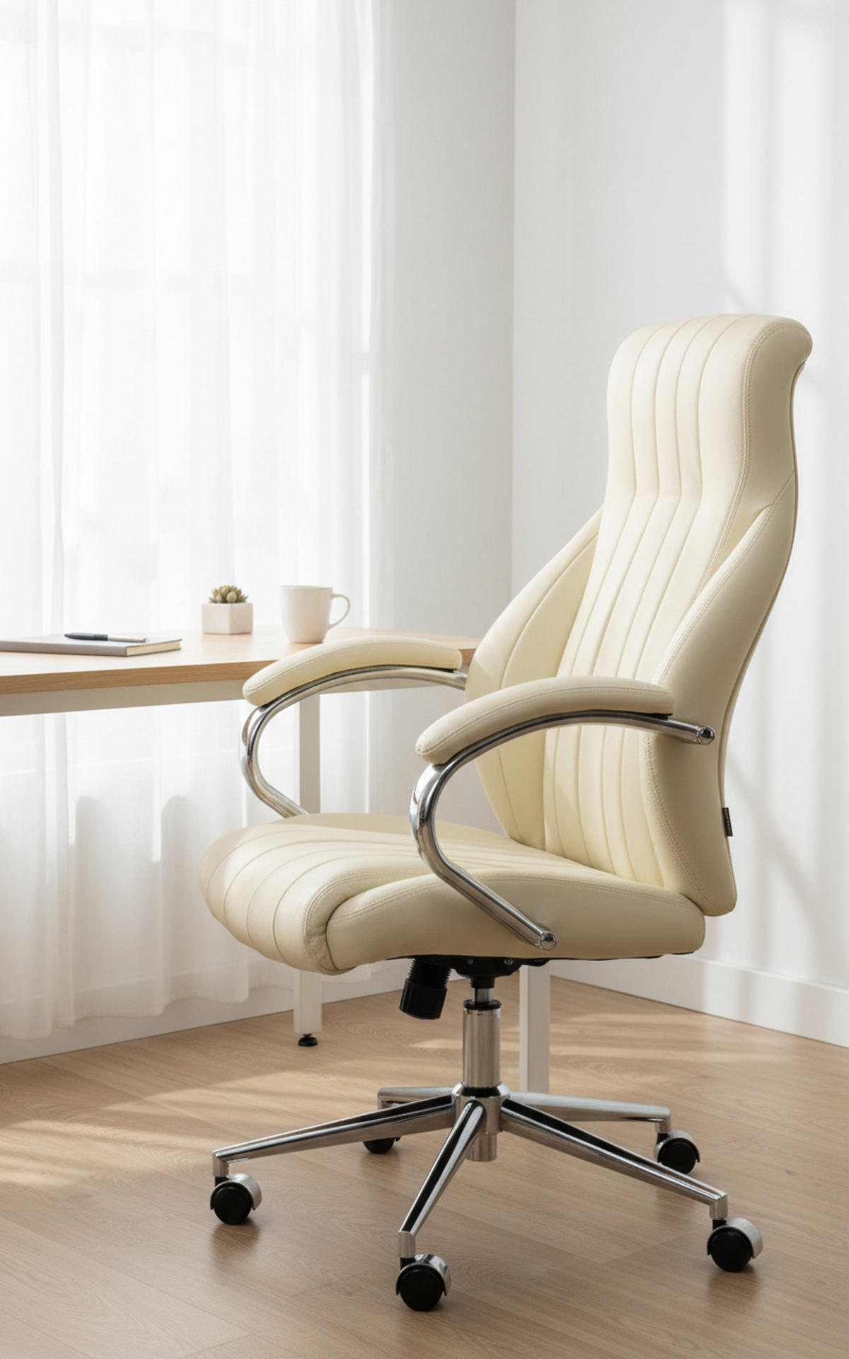 BÜROSTUHL Valyx Echtleder creme - Chromfarben/Creme, Leder/Metall (73/130/76cm) - TPFLiving