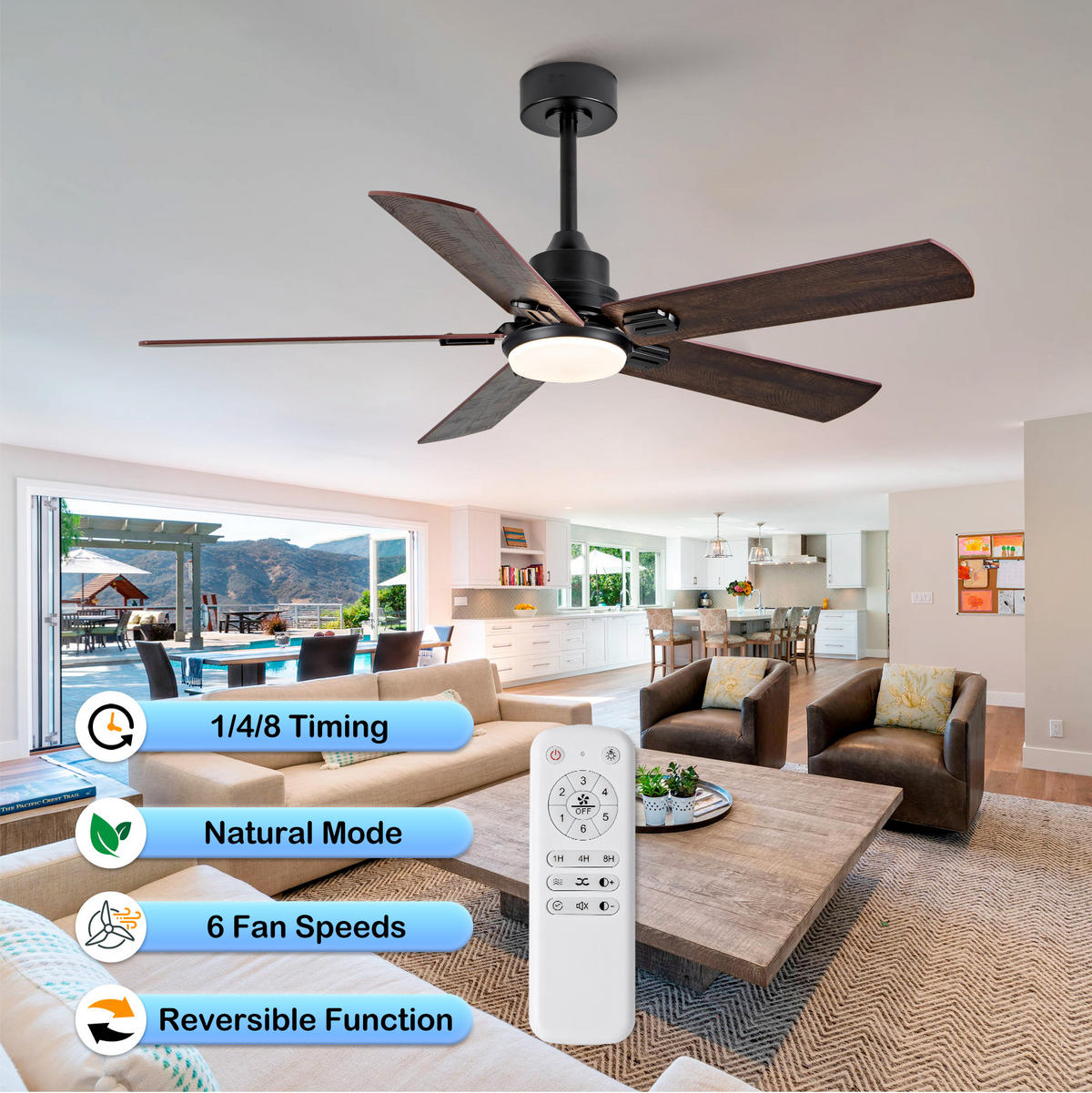DECKENVENTILATOR DE-16258 52 Zoll mit Fernbedienung & 3 Farben Schwarz - Walnussfarben, Holz/Metall (132/132/45cm) - ComfortXL
