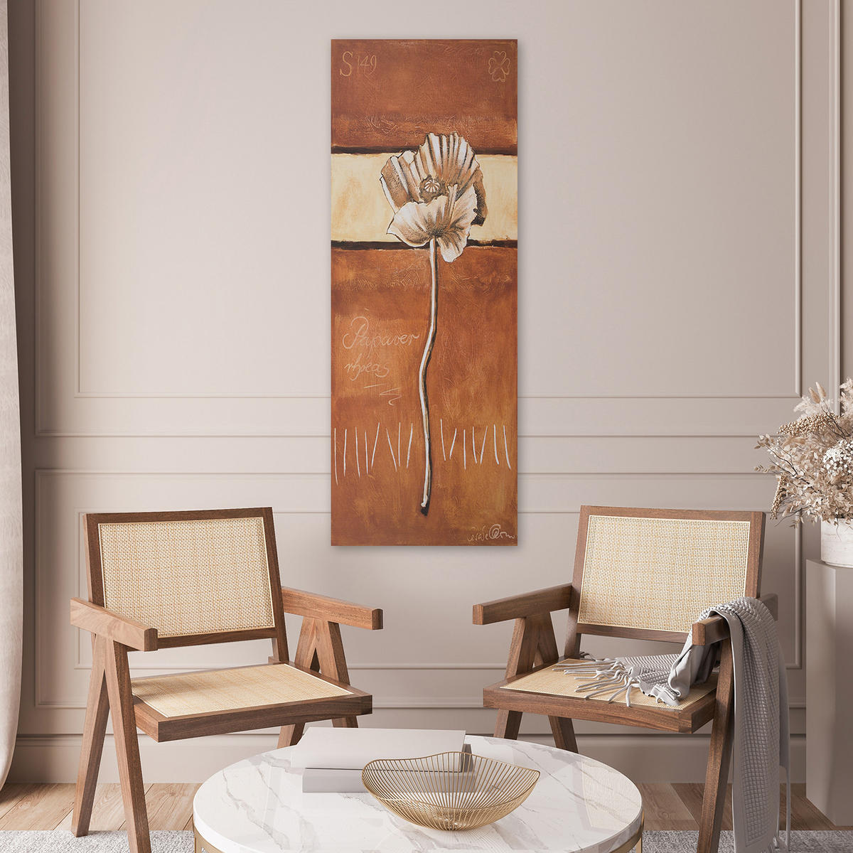 WANDBILD einsamer mohn gemalt - Braun, Textil (30/90cm) - Feeby