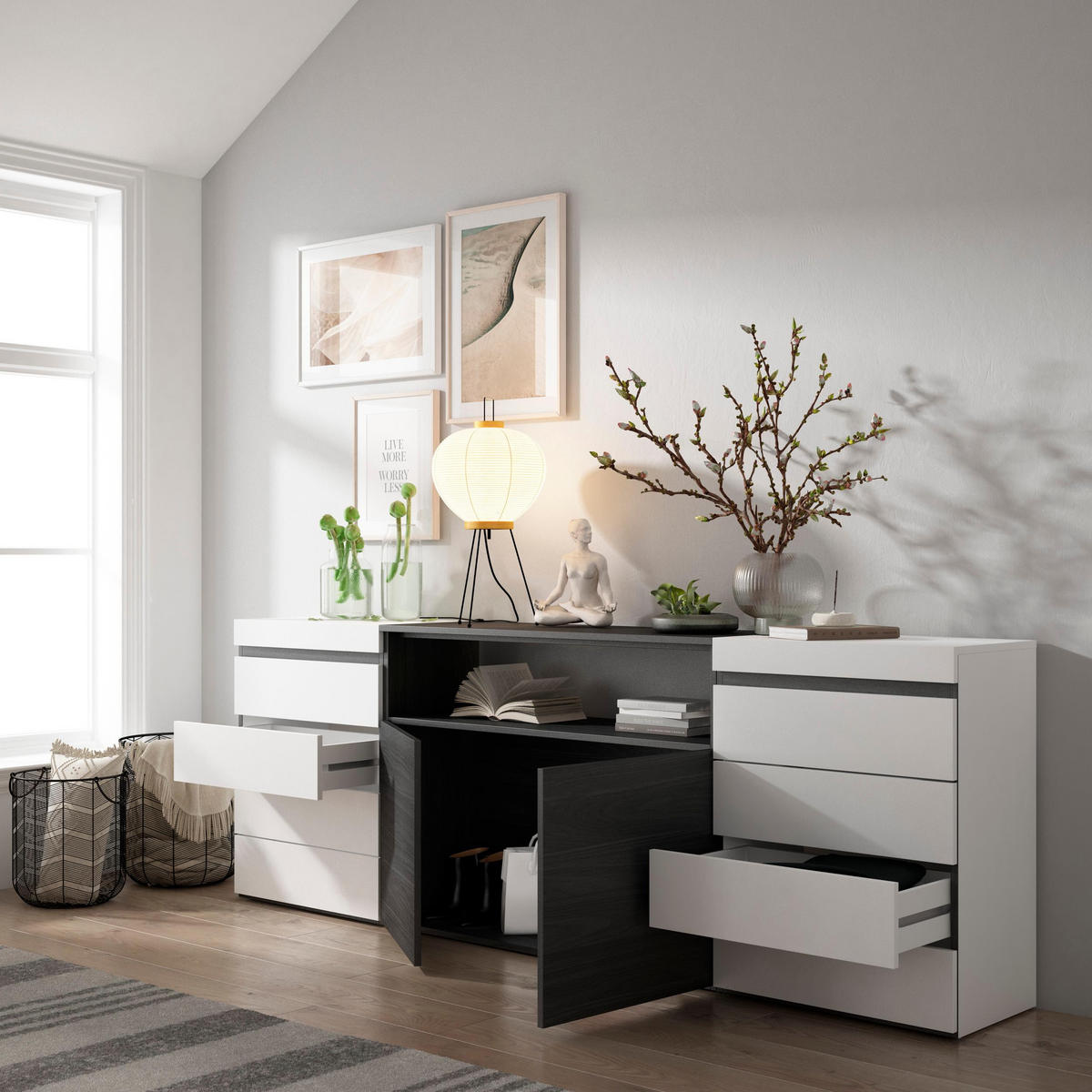 KOMMODE mit Schubladen, SIDEBOARD Schrank, weiß und schwarz, 214/35/75 cm - Schwarz/Weiß, Holzwerkstoff (35/75/214cm) - Skraut Home