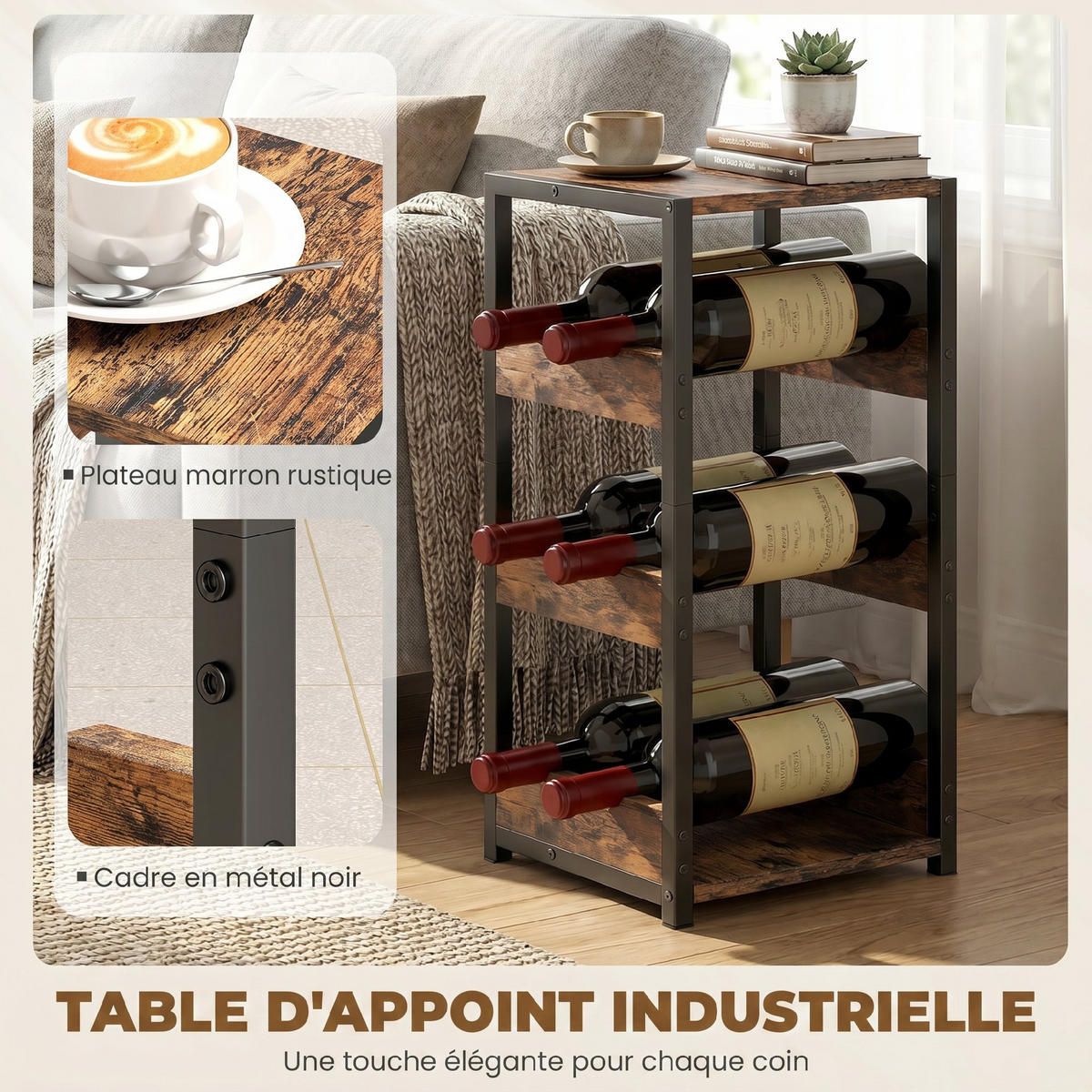 WEINREGAL, 6 Flaschen, gewellte Ablagen, rustikal braun, 22x24x49,2cm - Multicolor, Metall (24/49.2/22cm) - FORIOUS