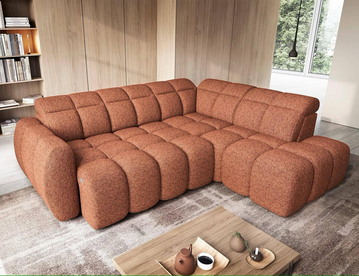 ECKSOFA mit elektrischem Sitzvorschub, Bettkasten und verstellbare Kopflehnen - Orange, Naturmaterialien/Textil (208/258cm) - Eltap