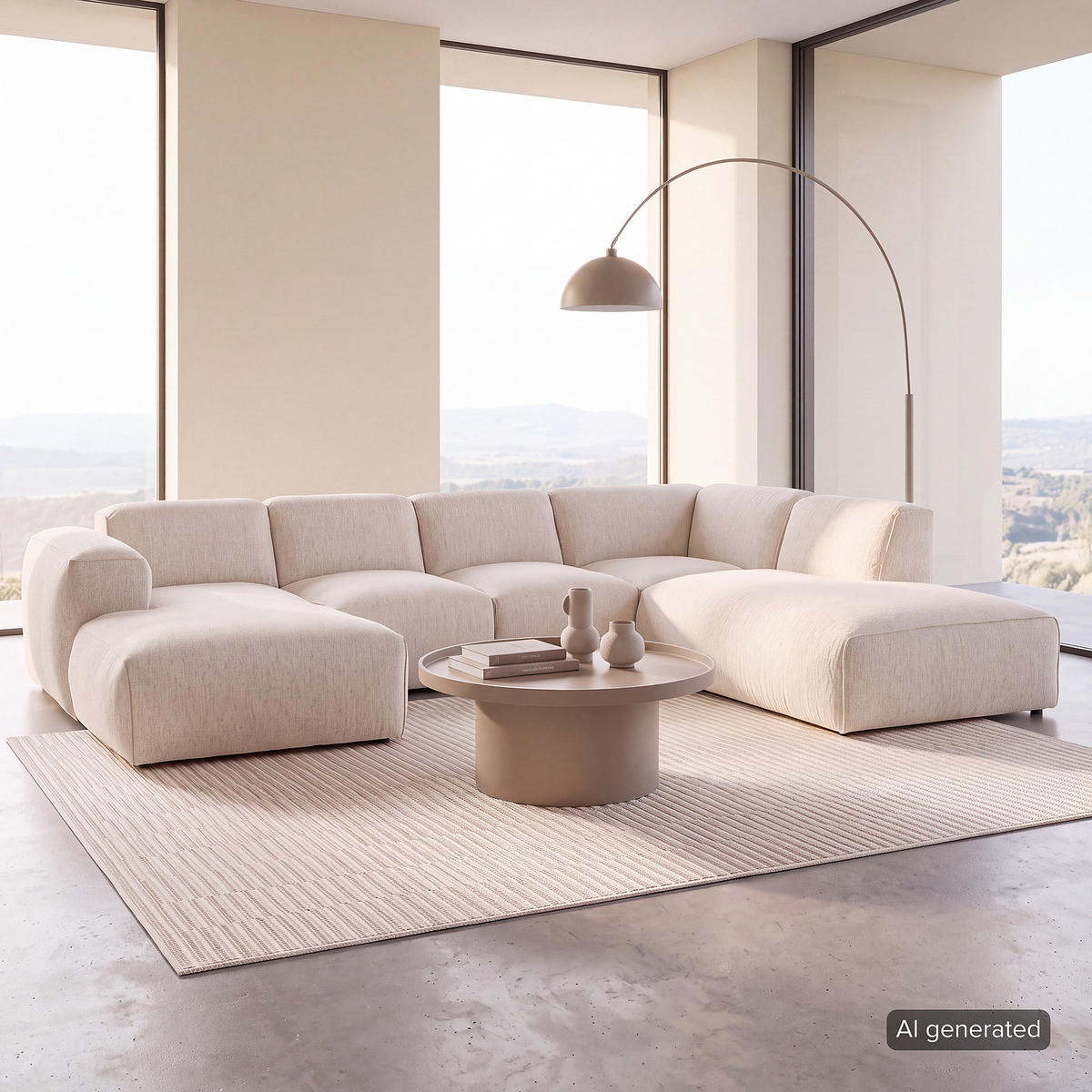 WOHNLANDSCHAFT mit Longchair - Beige/Schwarz, Kunststoff/Textil (325/71/235cm) - home24