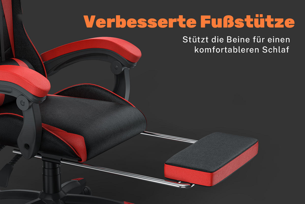 GAMING-STUHL höhenverstellbar, Fußstütze, Lendenkissen – Schwarz/Rot - Rot, Leder (50/134/50cm) - Rattantree