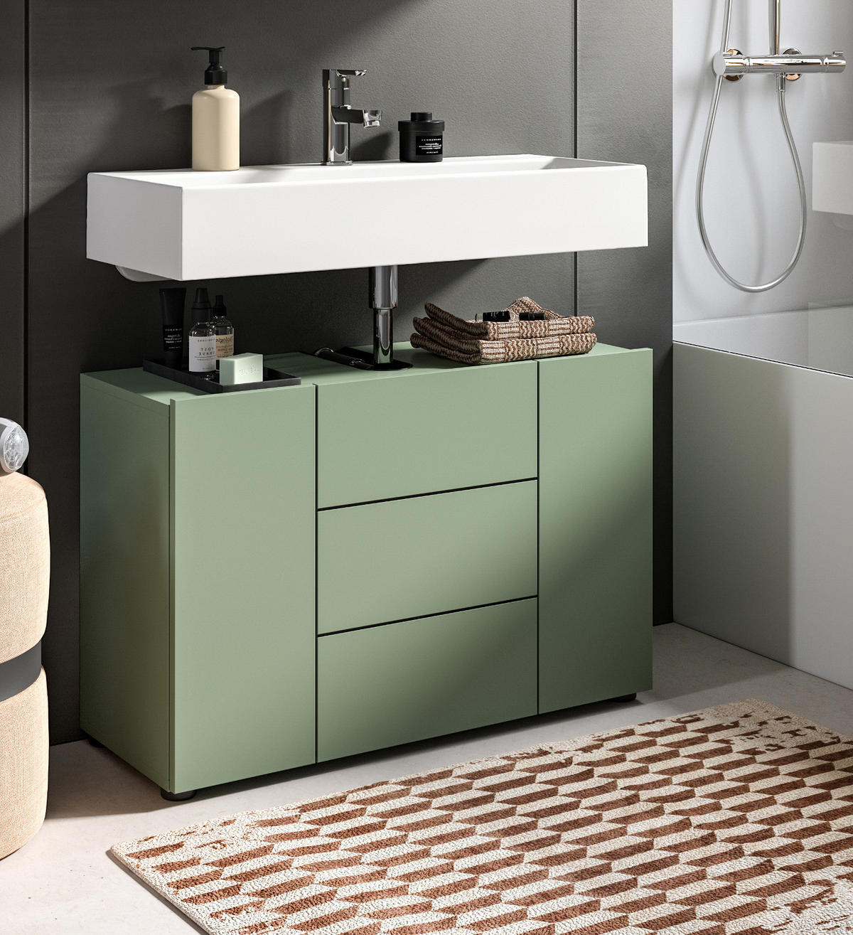 WASCHBECKENUNTERSCHRANK grün, Badezimmer Unterschrank 82 x 56 cm - Schwarz/Grün, Holzwerkstoff/Kunststoff (38/56/34cm) - Inn.Furn