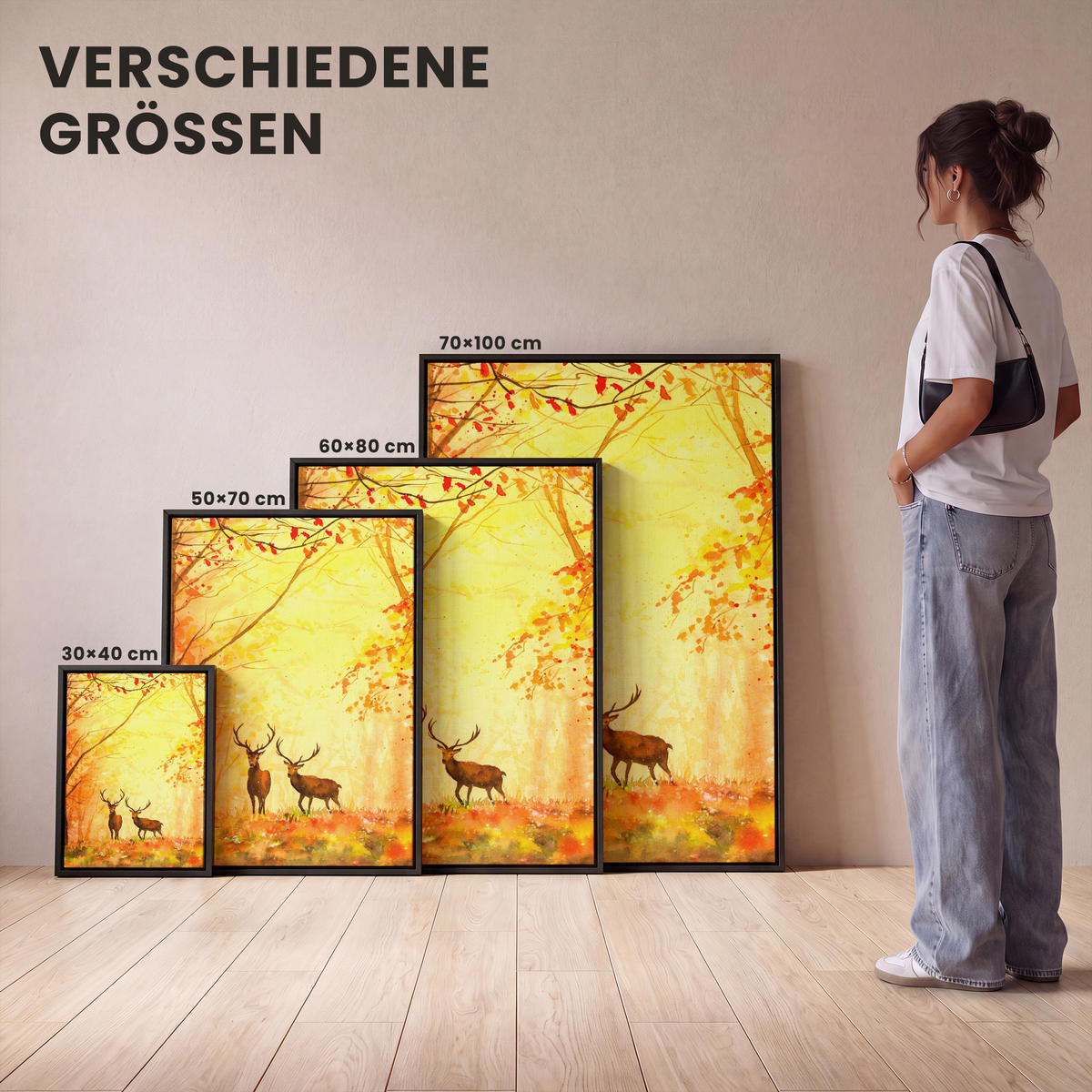 LEINWAND Bilder mit Rahmen - Natur - Ölfarbe - Hirsche - Tiere - Herbst - Orange - 60x80 - Orange, Textil (60/80cm) - MuchoWow