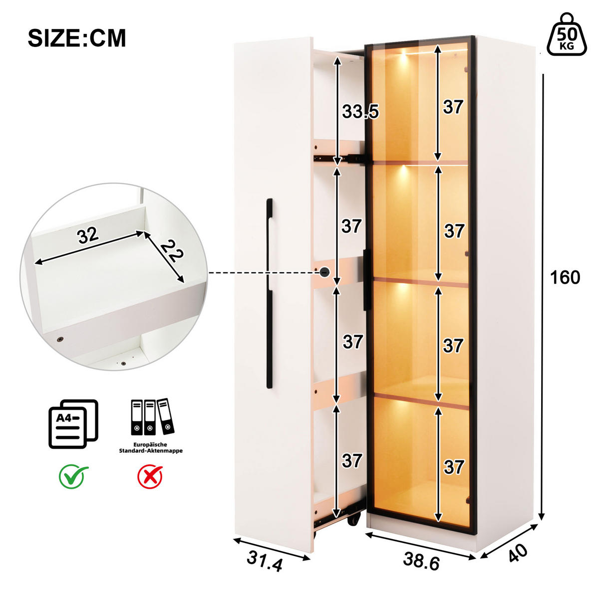 VITRÍNA z MDF 70x40x160 cm bílá s tvrzeným sklem, LED osvětlením a výsuvným bočním regálem na kolečkách - bílá, kompozitní dřevo (70/160/40cm) - Modfu