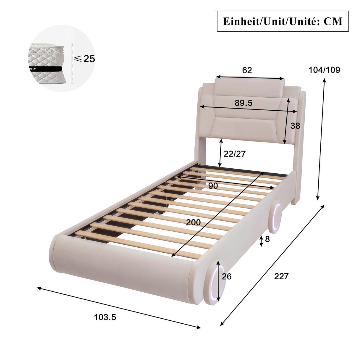 AUTOBETT 90/200 cm mit LED-Rädern, DE-41742, in Cremeweiß - Beige, Holz (90/200cm) - ComfortXL