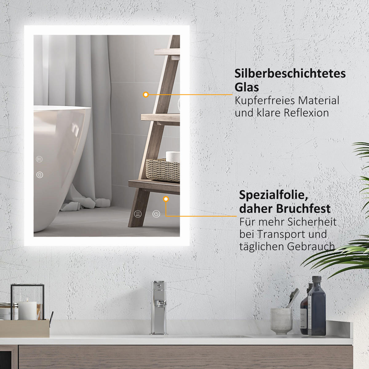 BADSPIEGEL, Badezimmerspiegel mit LED-Beleuchtung, Memory-Funktion, 80 x 60 cm - Silberfarben, Glas (60/3/80cm) - Kleankin