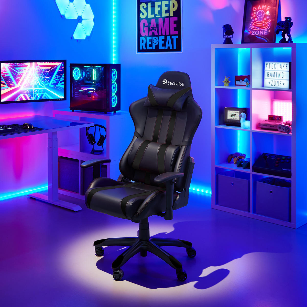 RACING GAMING STUHL ,Belastbarkeit 120 kg,schwarz - Schwarz, Leder (70/135.5/75cm) - tectake