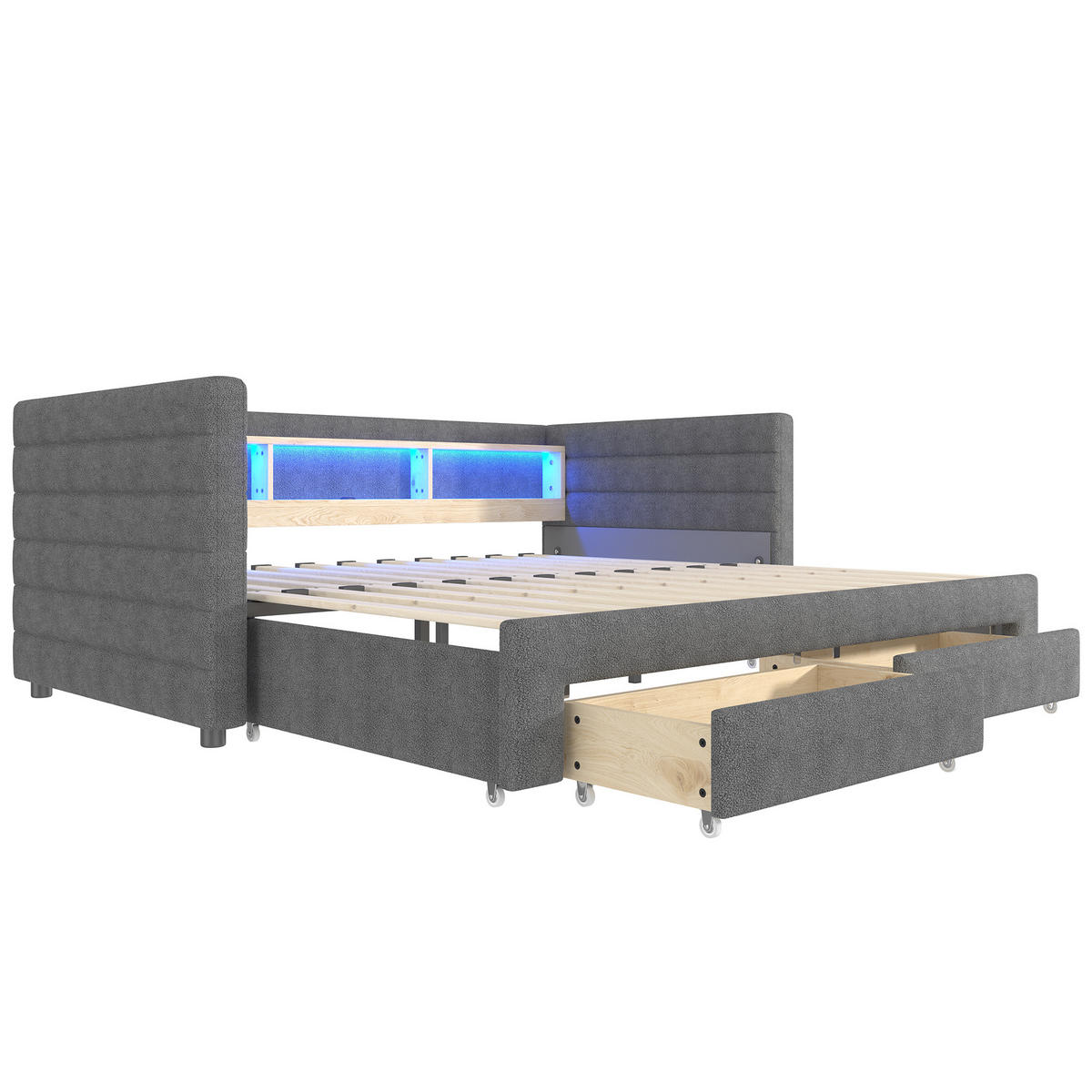 TAGEBETT 90x190cm Grau Samt Ausziehbett 2 Schubladen USB-C LED-Licht - Grau, Holz (90/190cm) - FLIEKS