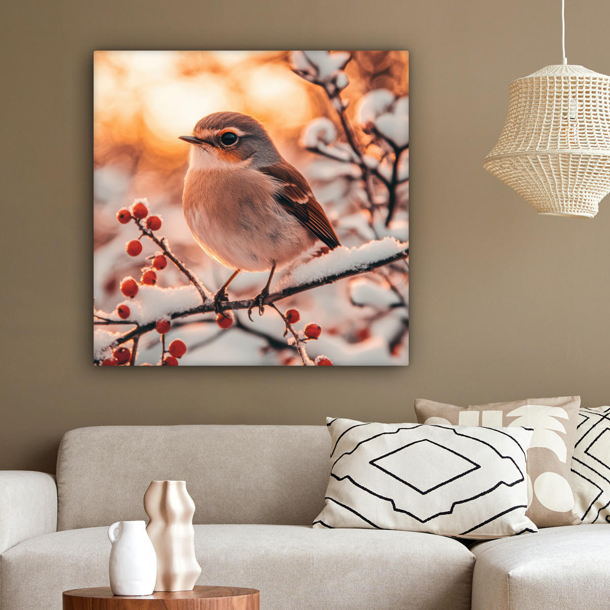 LEINWANDBILD Vogel - Zweig - Winter - Tiere - Schnee 90x90 cm - Bernsteinfarben, Textil (90/90cm) - MuchoWow