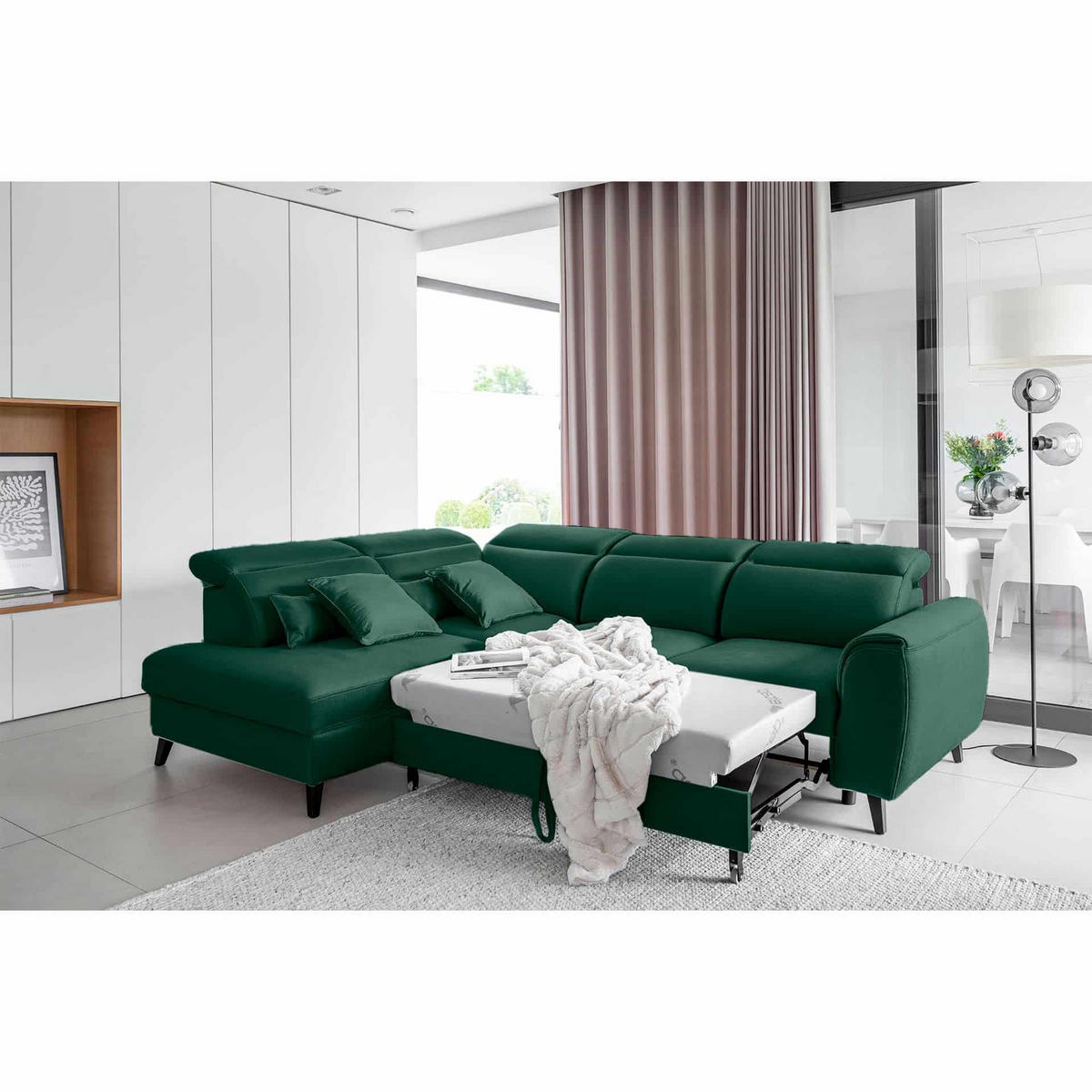 ECKSOFA mit Schlaffunktion & Bettkasten - Dunkelgrün/Schwarz, Holz/Textil (255/201cm) - Eltap