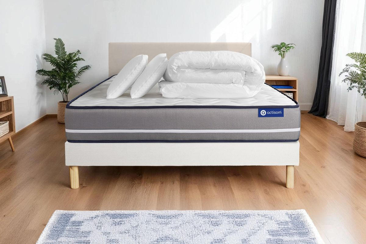 BETT Actiflex pur Taschenfederkern 160 x 200 cm h3 - Kit Bettgestell Weiß - Mit Kissen und Bettdecke - Beige/Weiß, Karton/Holz (160/200cm) - ACTISOM