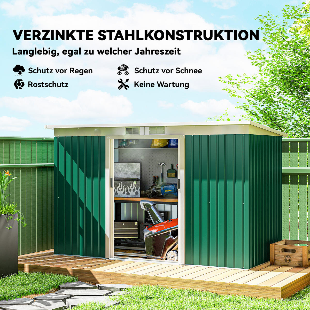 GERÄTEHAUS Gartenhaus mit Schiebetür Fenster Outdoor Stahl Dunkelgrün - Dunkelgrün, Metall (130/172/280cm) - Outsunny