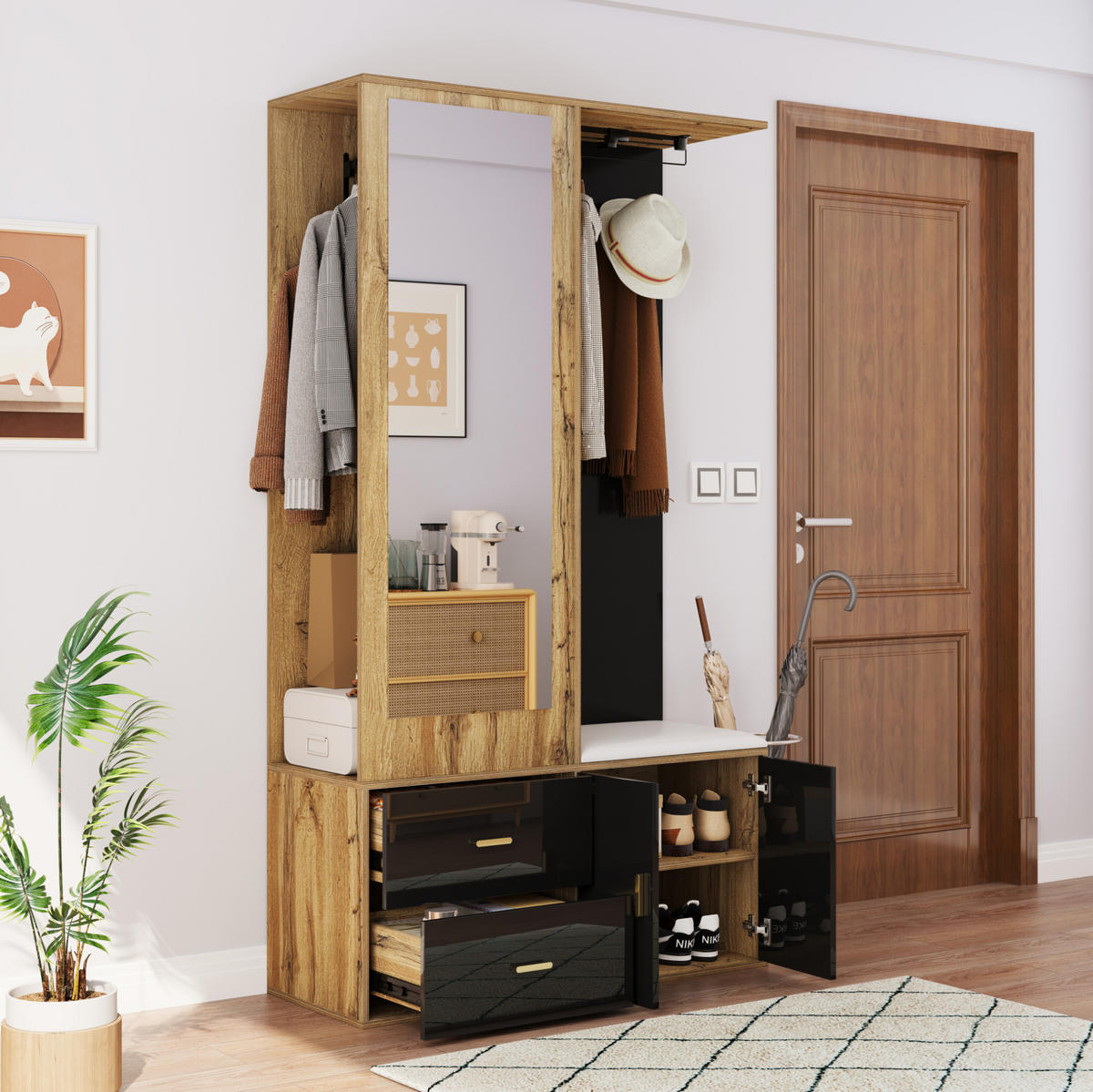 GARDEROBE mit Spiegel und Schuhbank 100 x 38 x 180 cm Schwarz Holzoptik - Schwarz, Holzwerkstoff (38/180/100cm) - Beauniv