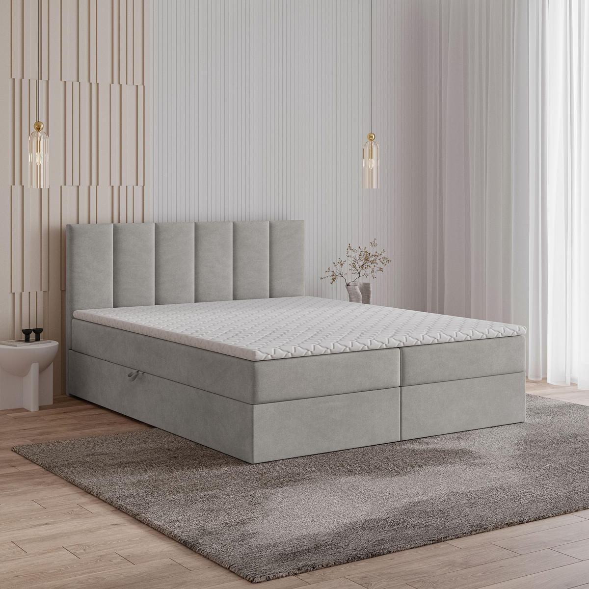 POSTEL BOXSPRING MERIL 160x200 cm, s matrací a úložným prostorem, šedá - šedá, kompozitní dřevo/textil (160/200cm) - MASSENO